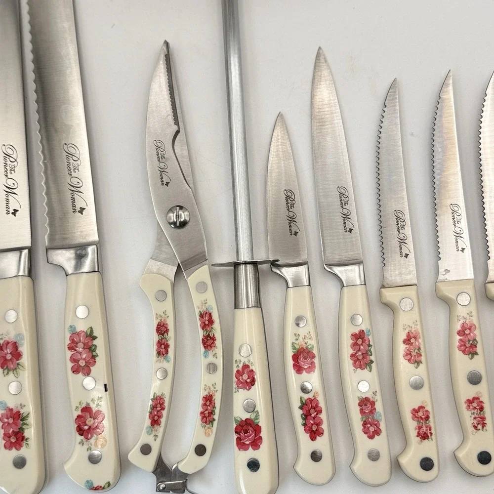 Vtg Pioneer Woman Floral 14-Piece Cutlery Kitchen Set Wood Block Retired #5617